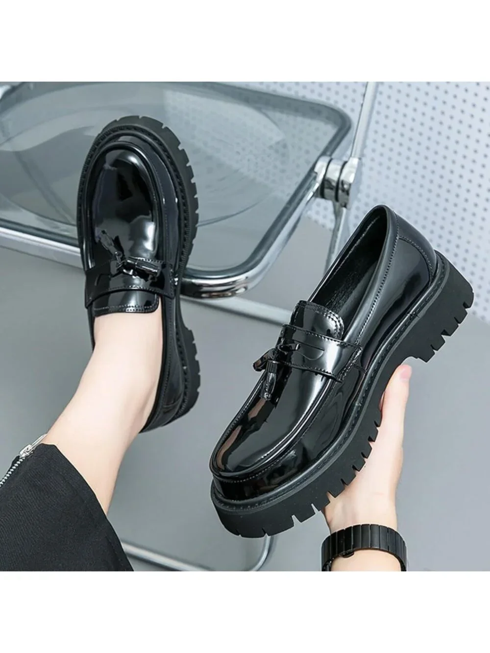 Men's Black Chunky Platform Loafers Slip On Business Casual Dress Shoes